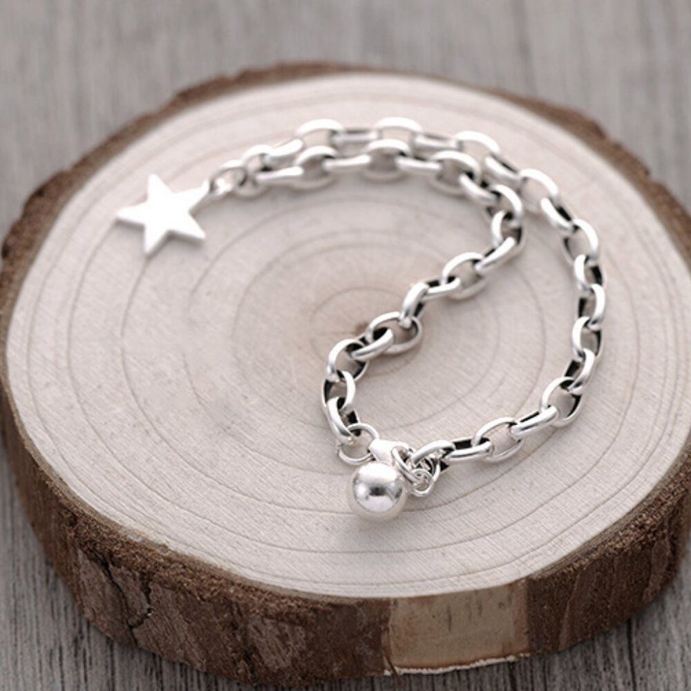 NEW 925 Sterling Silver Vintage Star Link Chain Bracelet